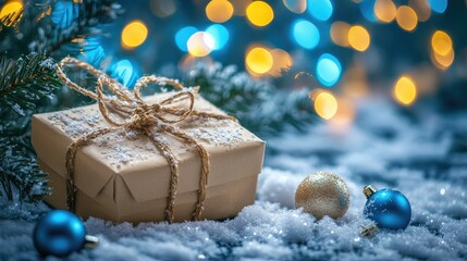 Wrapped Christmas gift on snowy ground, glowing blue bokeh lights behind. Ornaments hang from fir branches, adding festive cheer as snowflakes float gently in the air.