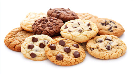 A variety of cookies, including chocolate chip, sugar, and butter cookies, are shown close-up against a white background.