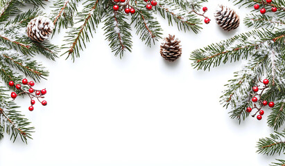Christmas tree border with snow and red berries on a white background