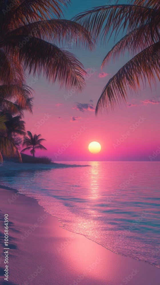 Poster a beautiful sunset over the ocean with a palm tree in the background