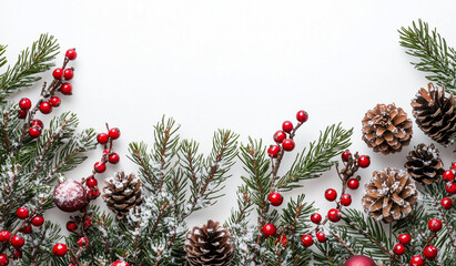 Christmas tree border with snow and red berries on a white background