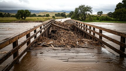 Fototapeta premium A flooded bridge obstructed by debris, showcasing the aftermath of heavy rainfall and the power of nature's forces.