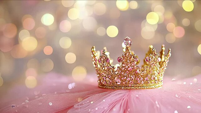 Princess birthday party: golden bedazzled princess crown on a pink tulle fabric with golden bokeh background