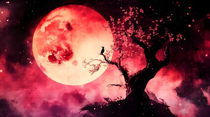 Red Moon  Cherry Blossoms  Night Sky  Silhouette of Bird on Tree Branch