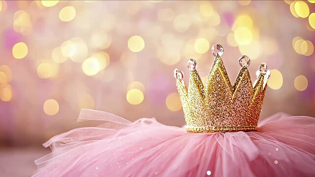 Princess birthday party: golden bedazzled princess crown on a pink tulle fabric with golden bokeh background