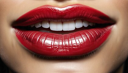 Obraz premium Women's lips in halftone texture, close up, macro, red lipstick