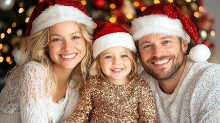A joyful family wearing Christmas hats, capturing happy moments together by the festive tree, radiating love and warmth.