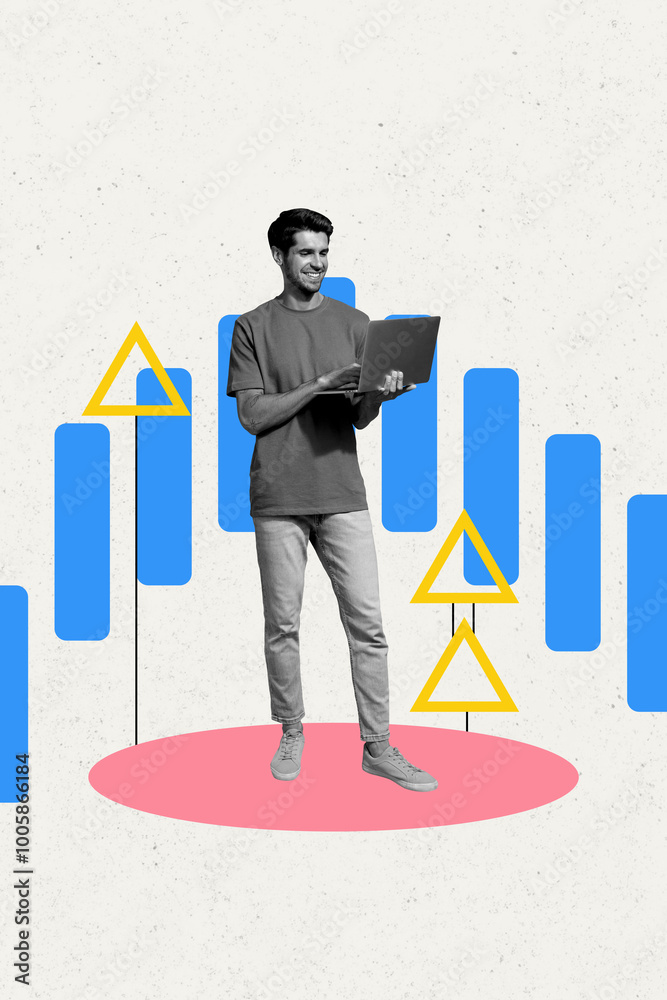 Poster vertical photo collage of happy freelancer man type laptop chart arrow up development concept progre
