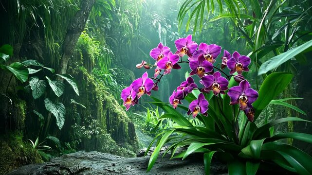Pink orchids bloom in a lush, tropical forest