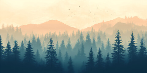 Obraz premium Misty Forest Landscape with Pine Trees