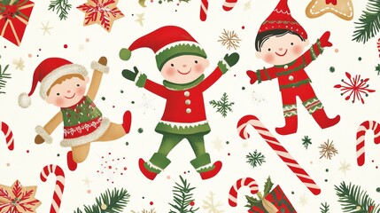 Naklejka premium Festive Whimsy: Playful Christmas Pattern with Elves, Gingerbread Men, and Candy Canes