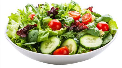 A fresh salad bowl filled with leafy greens like spinach and lettuce, juicy cherry tomatoes, crisp cucumber, and other tasty vegetables.