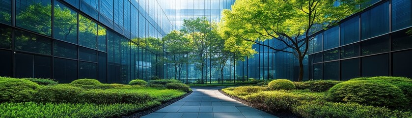 Obraz premium Modern Office Building Courtyard with Lush Greenery and Pathway on a Sunny Day