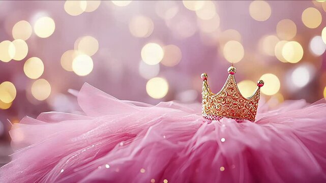Princess birthday party: golden bedazzled princess crown on a pink tulle fabric with golden bokeh background
