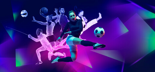 Creative collage. Young people, men and women in motion, practicing, performing different sports against dark background with abstract neon elements. Concept of sport, active lifestyle, dynamics. - Powered by Adobe