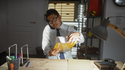 A focused asian man analyzing documents in a well-lit, organized detective's office.