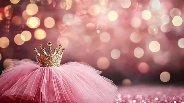 Princess birthday party: golden bedazzled princess crown on a pink tulle fabric with golden bokeh background