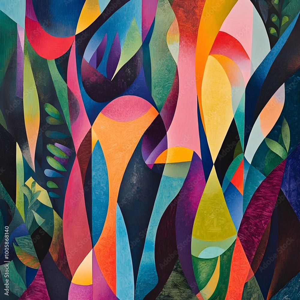Poster vivid abstract expressionist composition of fluid organic forms and angular geometric shapes with mi