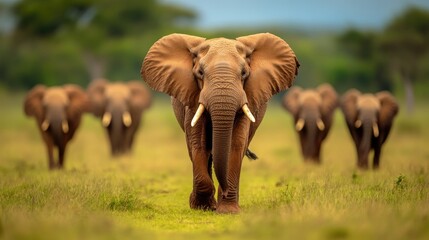 Fototapeta premium A majestic elephant leads a herd through a lush, green landscape, showcasing the beauty of wildlife in its natural habitat.