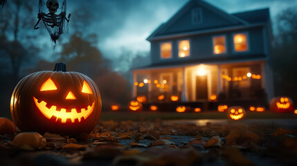 Fototapeta premium Spooky Halloween night with glowing jack o lantern in foreground and decorated house in background, creating festive and eerie atmosphere