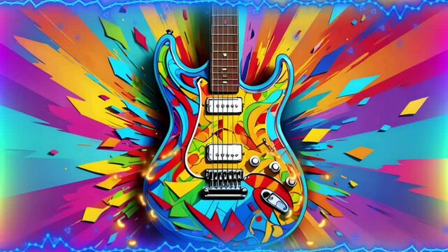 Colorful electric guitar with neon wings in a burst of color and abstract shapes. Seamless looping 4k time-lapse virtual video background