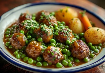 Fototapeta premium Meatballs in a Creamy Sauce with Peas and Potatoes