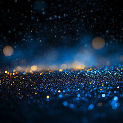 glitter vintage lights background. gold, silver, blue and black.