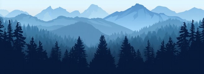 a layer of mountain landscape illustration with pine trees in the foreground