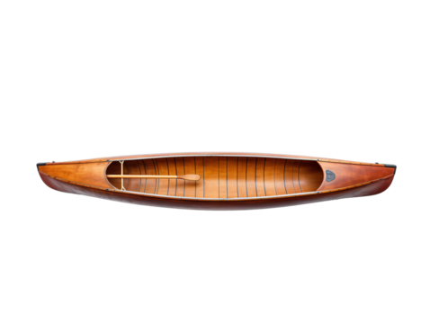 a wooden canoe with a paddle