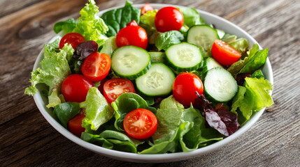 A fresh salad bowl filled with leafy greens like spinach and lettuce, juicy cherry tomatoes, crisp cucumber, and other tasty vegetables.