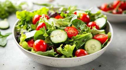 A fresh salad bowl filled with leafy greens like spinach and lettuce, juicy cherry tomatoes, crisp cucumber, and other tasty vegetables.