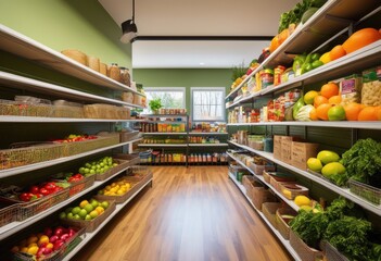 Fototapeta premium vibrant organized food pantry shelves stocked colorful nutritious items fresh produce community health wellness, canned, foods, staples, healthy, snacks, dry