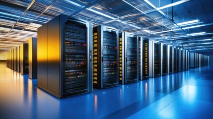 A modern data center with rows of server cabinets glowing under blue and orange lights, showcasing advanced technology infrastructure.