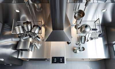 modern overhead view of a stainless steel kitchen setup
