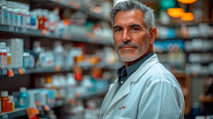 Fototapeta premium Middle aged male pharmacist in a lab coat in a pharmacy with shelves of medical supplies