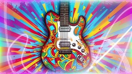 Colorful electric guitar with neon wings on a psychedelic background.. Seamless looping 4k time-lapse virtual video background - Powered by Adobe