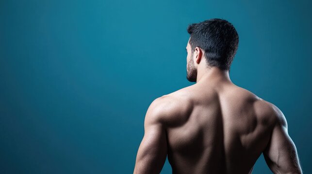 A muscular male figure from the back, showcasing strength and fitness against a teal background, ideal for health and wellness themes.