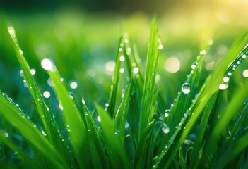 Fototapeta premium macro shot vibrant green grass blades glistening dewdrops morning light, nature, moisture, plant, texture, detail, leaves, garden, sunlight, scenery, growth