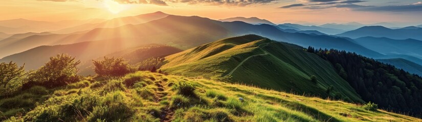 mountain landscape with a bright shining sun and green hills.