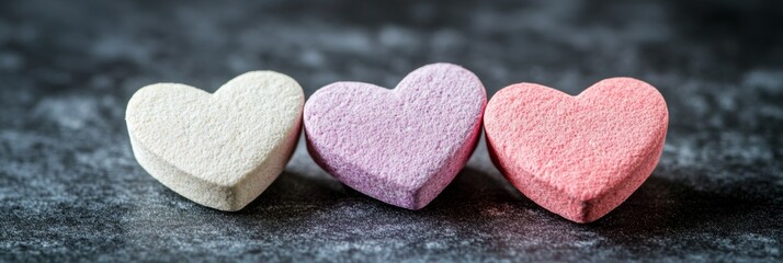 Obraz premium Three Colorful Valentines Day Candy Hearts on Dark Background, Love and Romance Concept