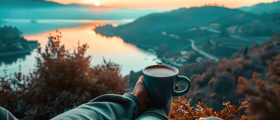 A person enjoying a quiet moment with a cup of coffee and a scenic view