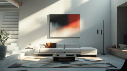Modern living room with minimalist decor, featuring a large artwork and stylish furniture.