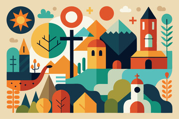 Abstract minimalist art depicting all saints' day with geometric shapes and vibrant colors