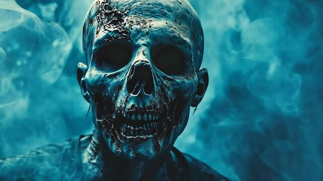 A close-up of a zombie's face with exposed bone and rotting flesh, set against a backdrop of swirling blue smoke