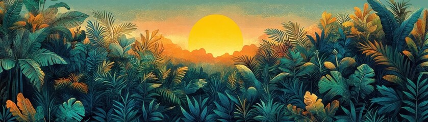 Vibrant Sunrise Over Lush Tropical Jungle with Dense Foliage and Bright Sun