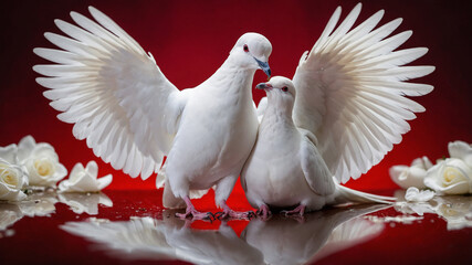 Obraz premium Two white doves touching beaks amidst scattered red heart shapes on a rocky surface.