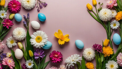 Fototapeta premium Colorful Easter eggs with flowers on pastel background suitable for springtime and seasonal pictures.