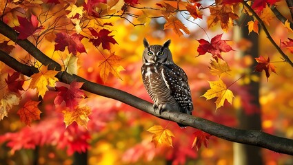 Owl in Autumn Forest captures the serene beauty of an owl perched on a tree branch amidst vibrant autumn foliage. The warm tones of golden and red leaves envelop the scene.