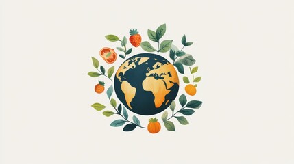 A colorful drawing of a globe with a variety of fruits