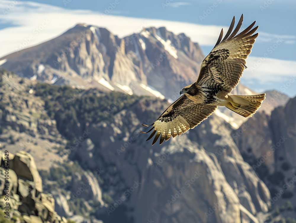 Wall mural three hawks glide effortlessly through the sky, riding thermal currents high above the treetops.